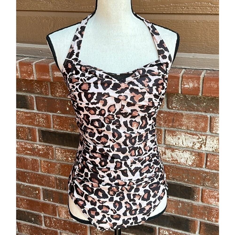 Aqua Eve Leopard Print Halter One Piece Swimsuit Tummy Control Women's Large